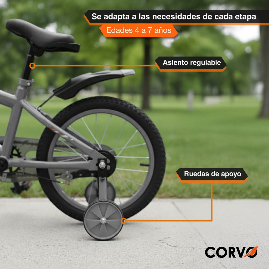 Bicicleta Infantil Corvo Rodado 16 de Acero color Gris C/ Rueditas