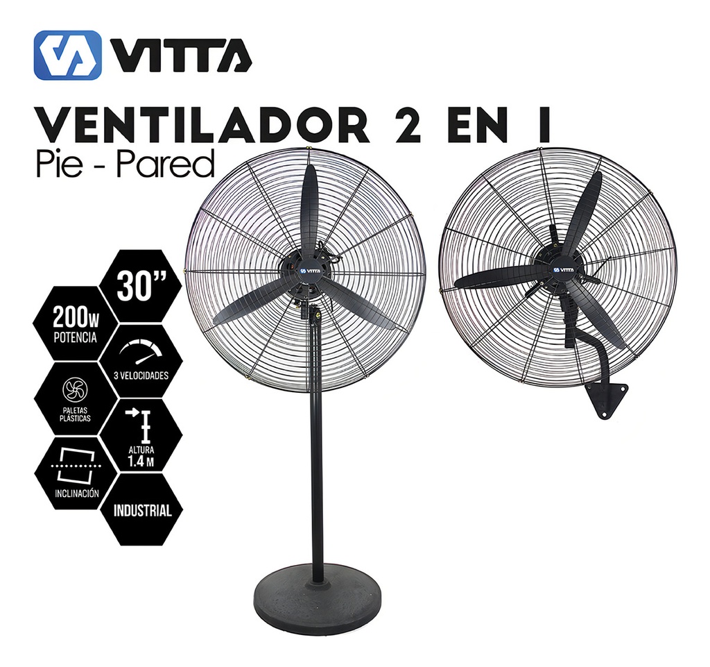 Ventilador Industrial 30'' Vitta 2 En 1 Pie/ Pared 3 Aspas Negro