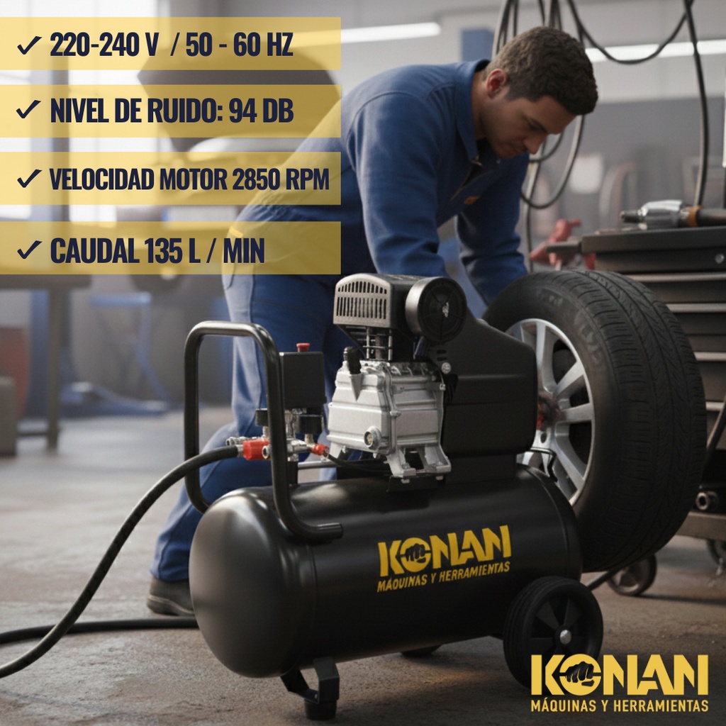 Compresor De Aire Con Kit Konan 40 Lts 2hp 8 Bar 135 L/min Negro 50 Hz Monofásica 
