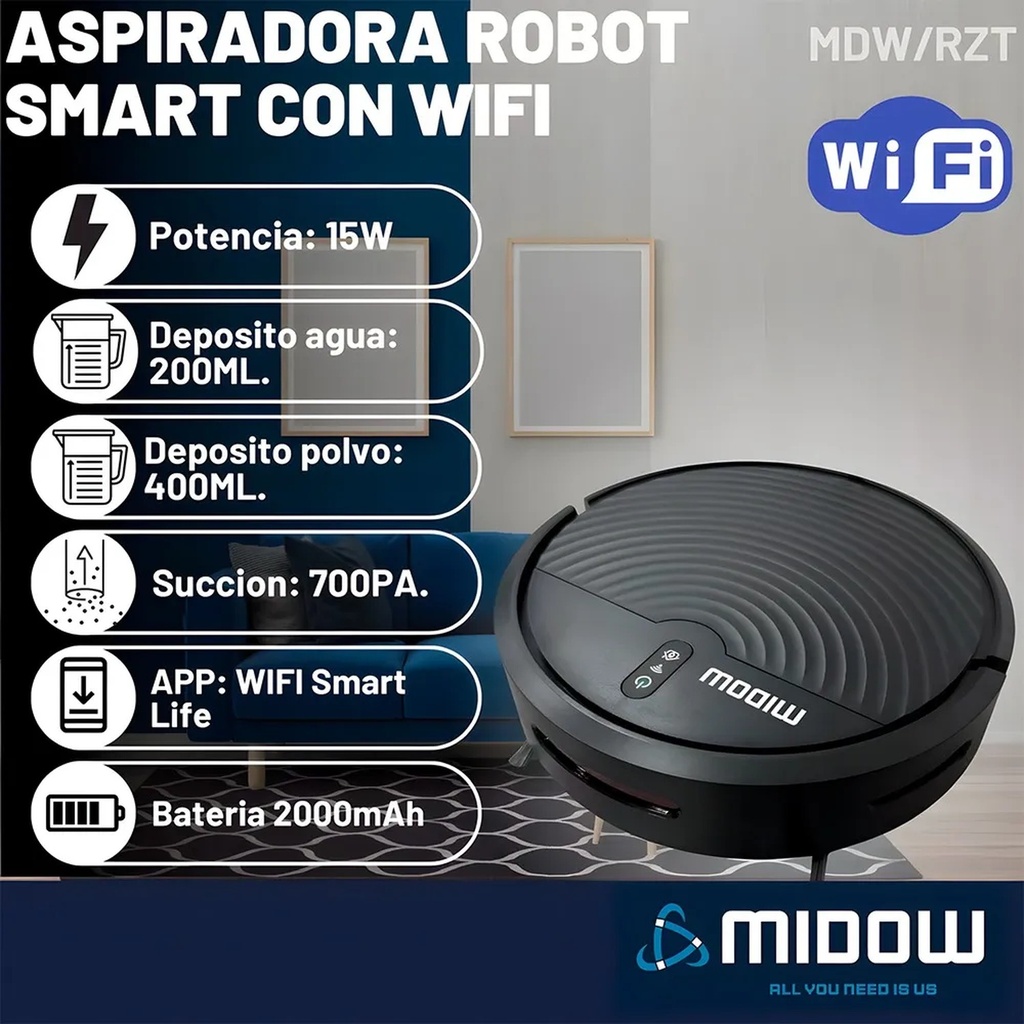 Aspiradora Robot Midow Wifi Smart Trapeador 3 Modos Limpieza