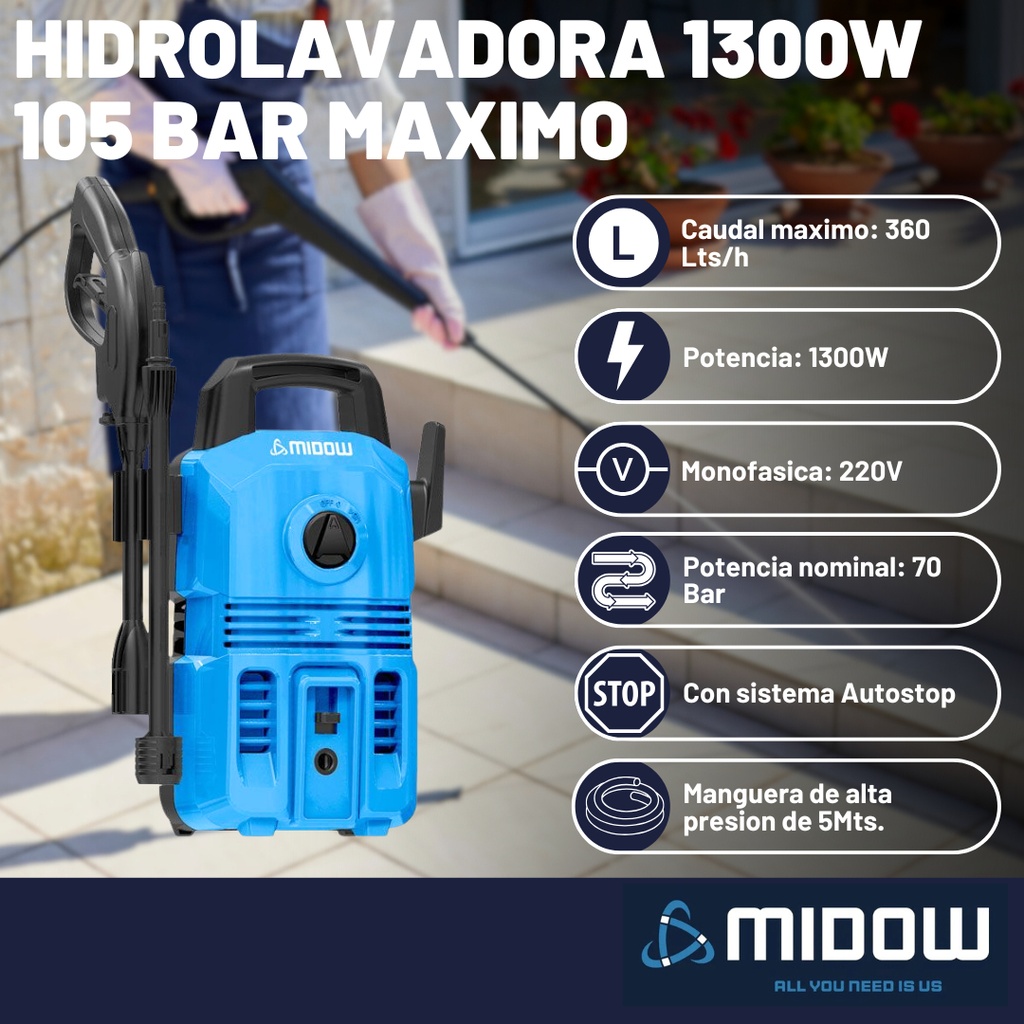 Hidrolavadora Midow 1300w 105 Bar Caudal 360 L/h Accesorios