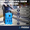 Hidrolavadora Midow 1300w 105 Bar Caudal 360 L/h Accesorios