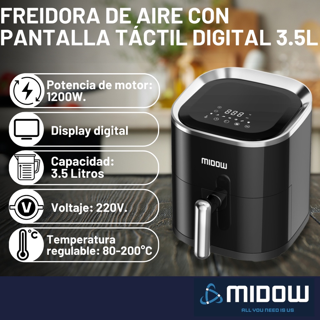 Freidora De Aire Sin Aceite Midow 3.5 Lts 1200w Display Led Negro