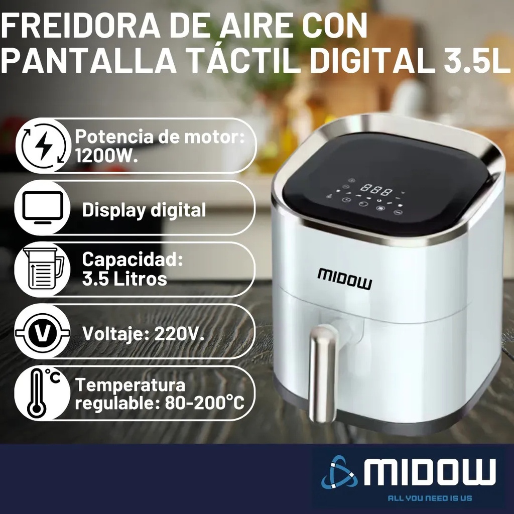 Freidora De Aire Sin Aceite Midow 3.5 Lts 1200w Display Led Blanco