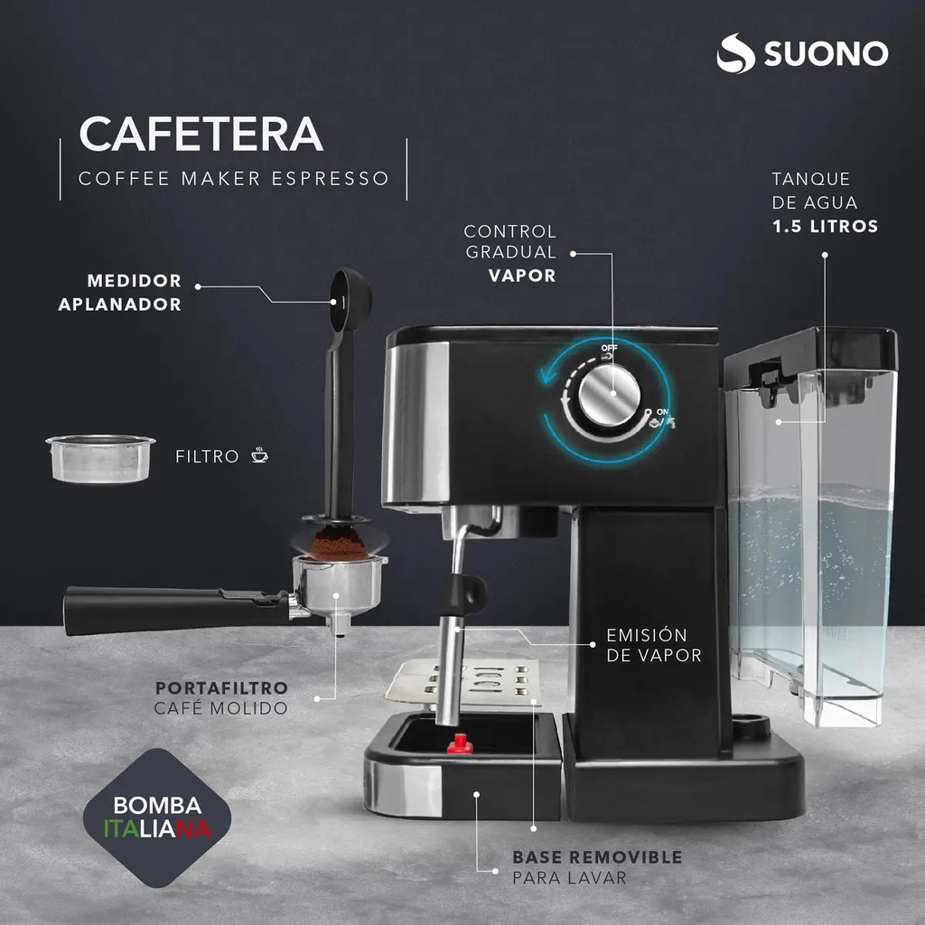 Cafetera Express Suono Snpe-2006 1.5 L Acero Inoxidable 20 B Negro/plateado