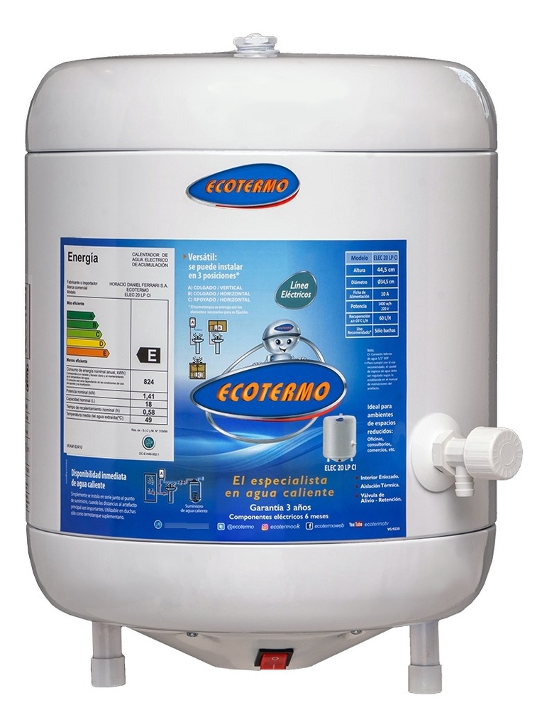 Termotanque Electrico Ecotermo 20 Litros Conexion Inferior Blanco