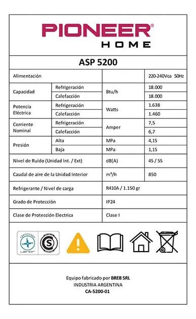Aire Acondicionado Pioneer Split 5200 W Frio Calor Blanco