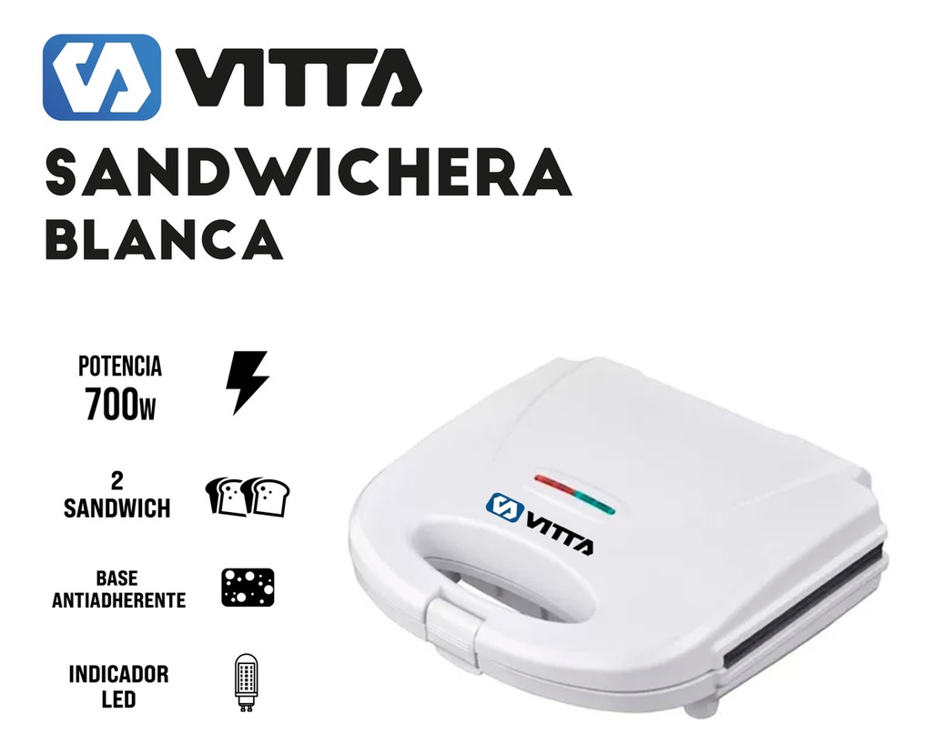 Sandwichera Blanca Tostadora Antiadherente 700w - Vitta