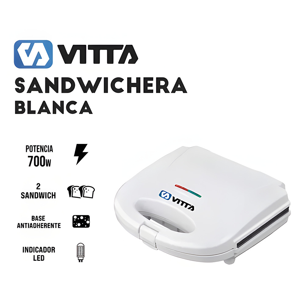 Sandwichera Blanca Tostadora Antiadherente 700w - Vitta