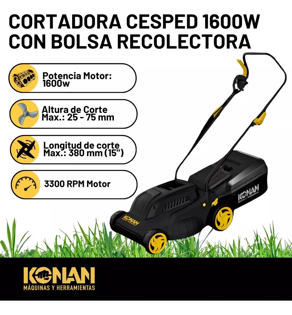 Cortadora Césped Konan 1600w 1hp Con Bolsa Recolectora 38 Cm Negro