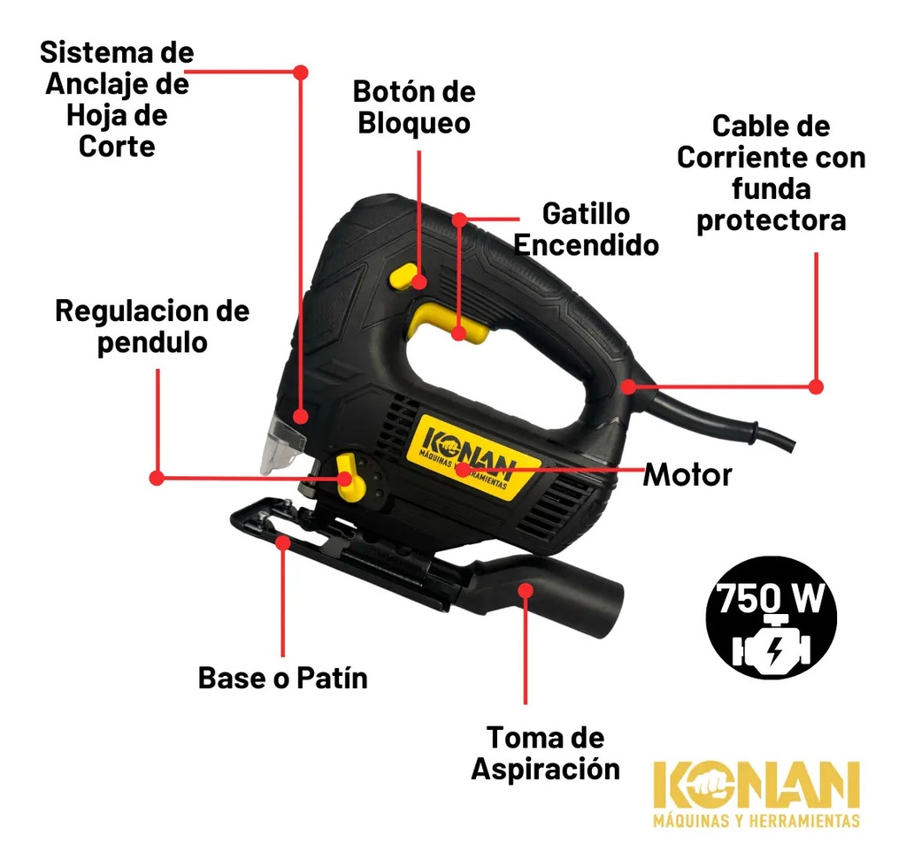 Caladora De Mano Konan 750w Luz Led Sierra Velocidad Variable