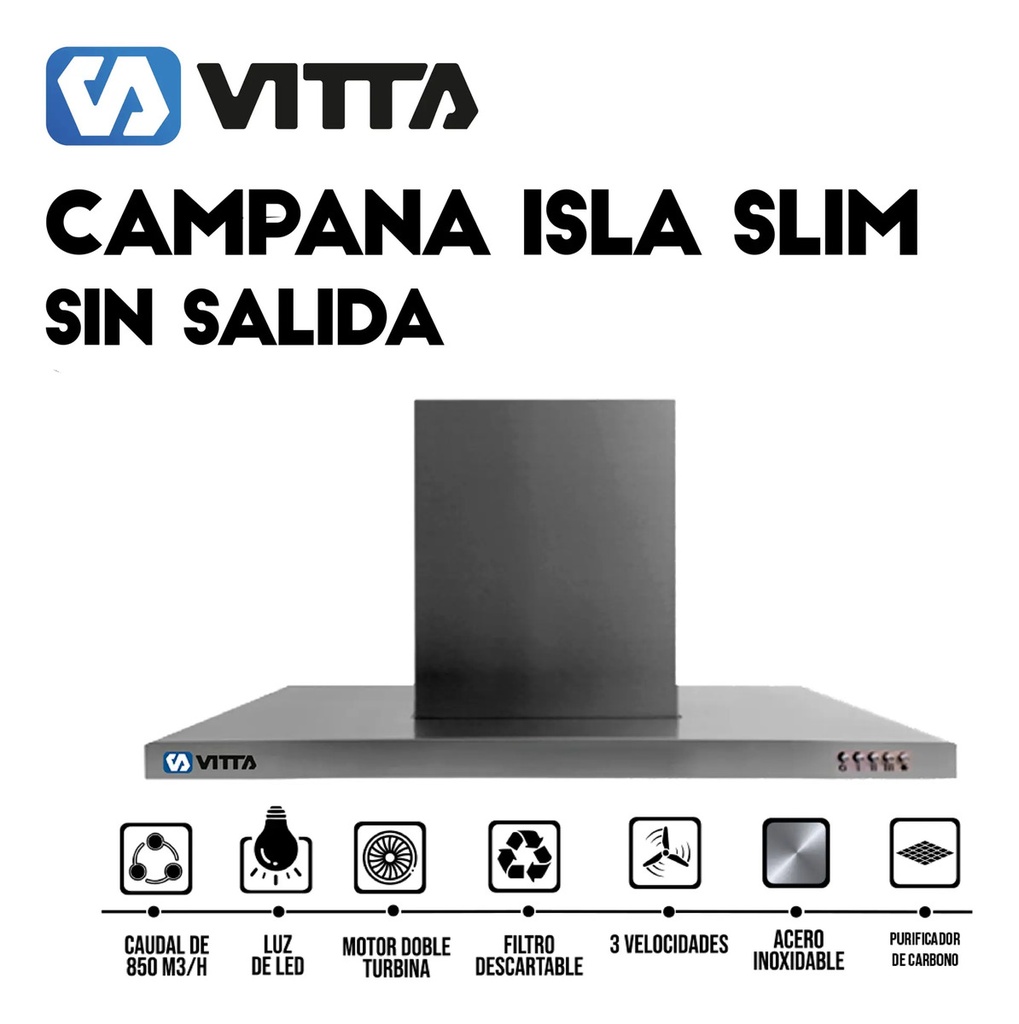 Extractor Campana Isla Slim Vitta S/salida 90x60 Cm Acero Plateado