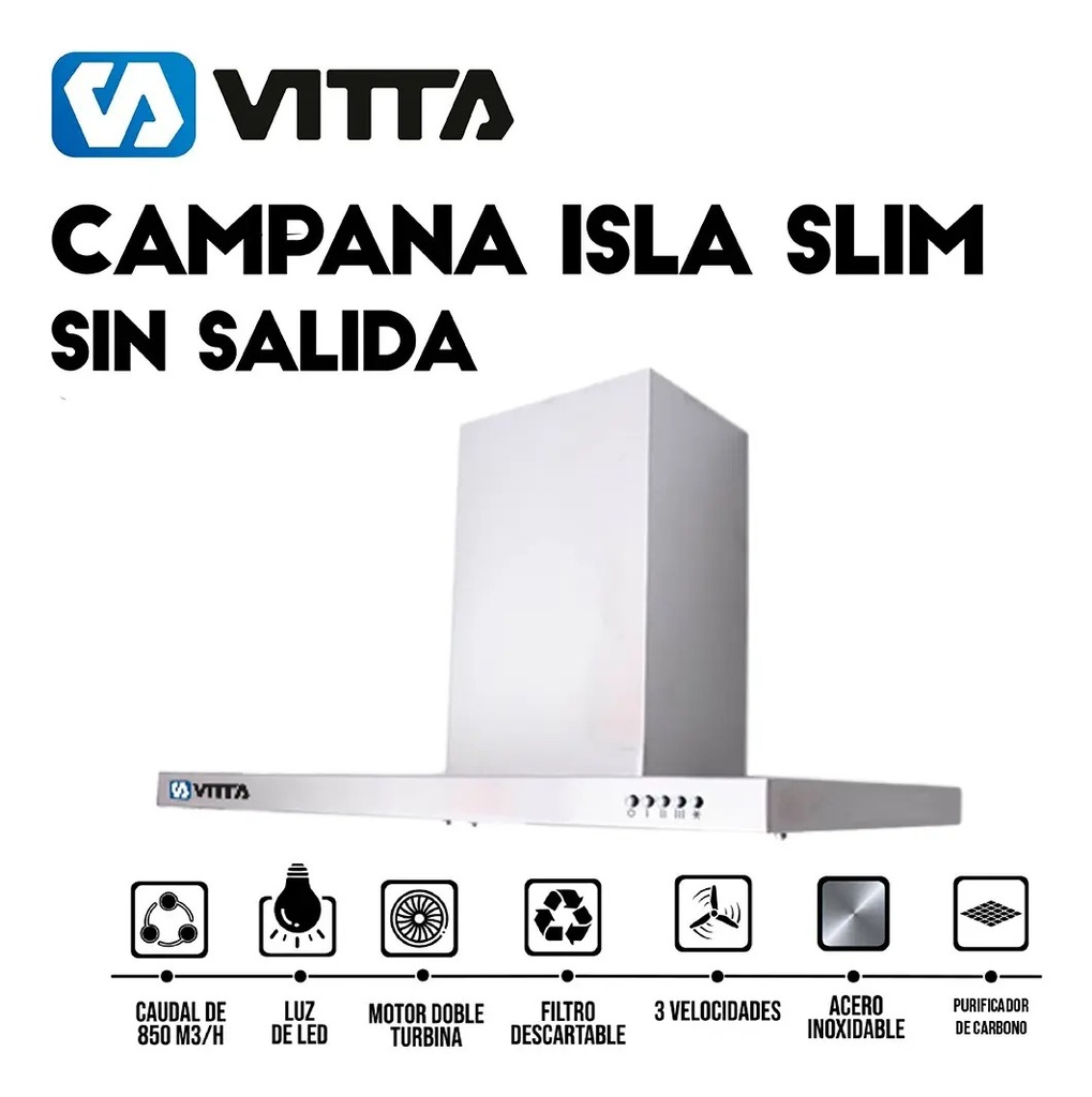 Campana Isla Slim De Cocina 3vel Vitta 60x60 Cm Acero Plateado