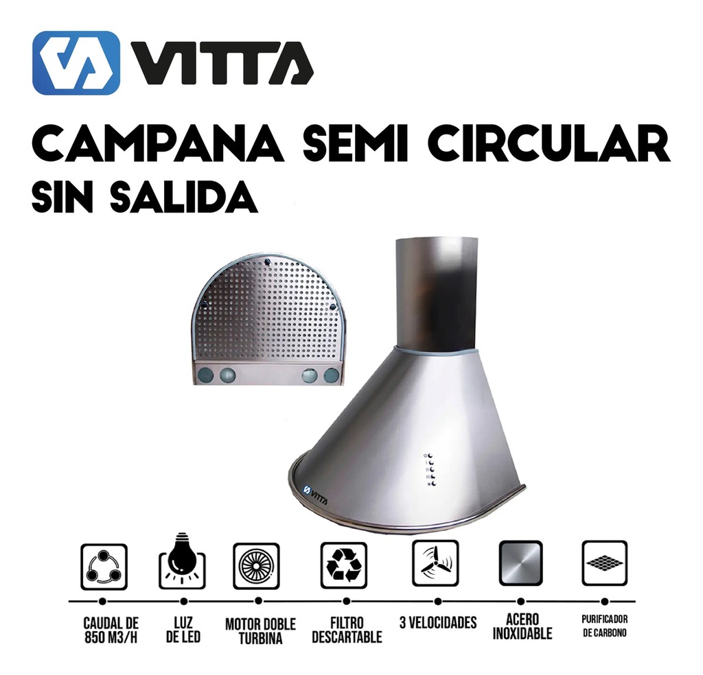 Campana Vitta Semi Circular 3vel 60cm - Acero Inox Plateado