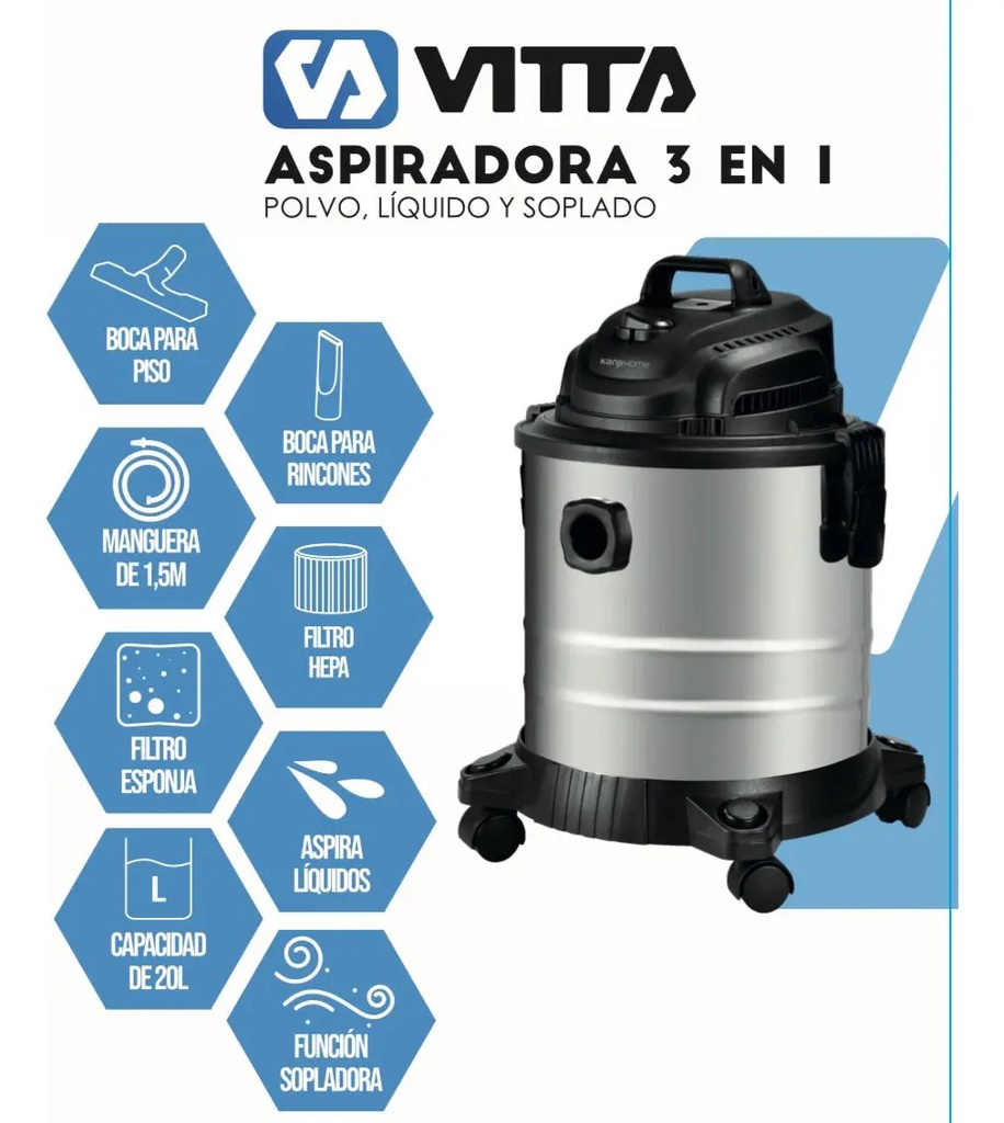 Aspiradora De Tacho Vitta 3 En 1 Liquido Y Polvo 20l 1300w - Plateado