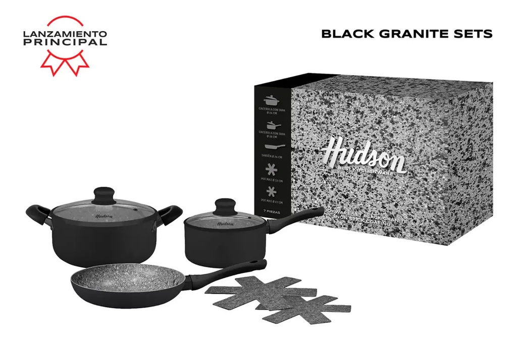Set Olla Cacerola Sarten Hudson Granito 7 Pzs Antihaderente Granito Negro