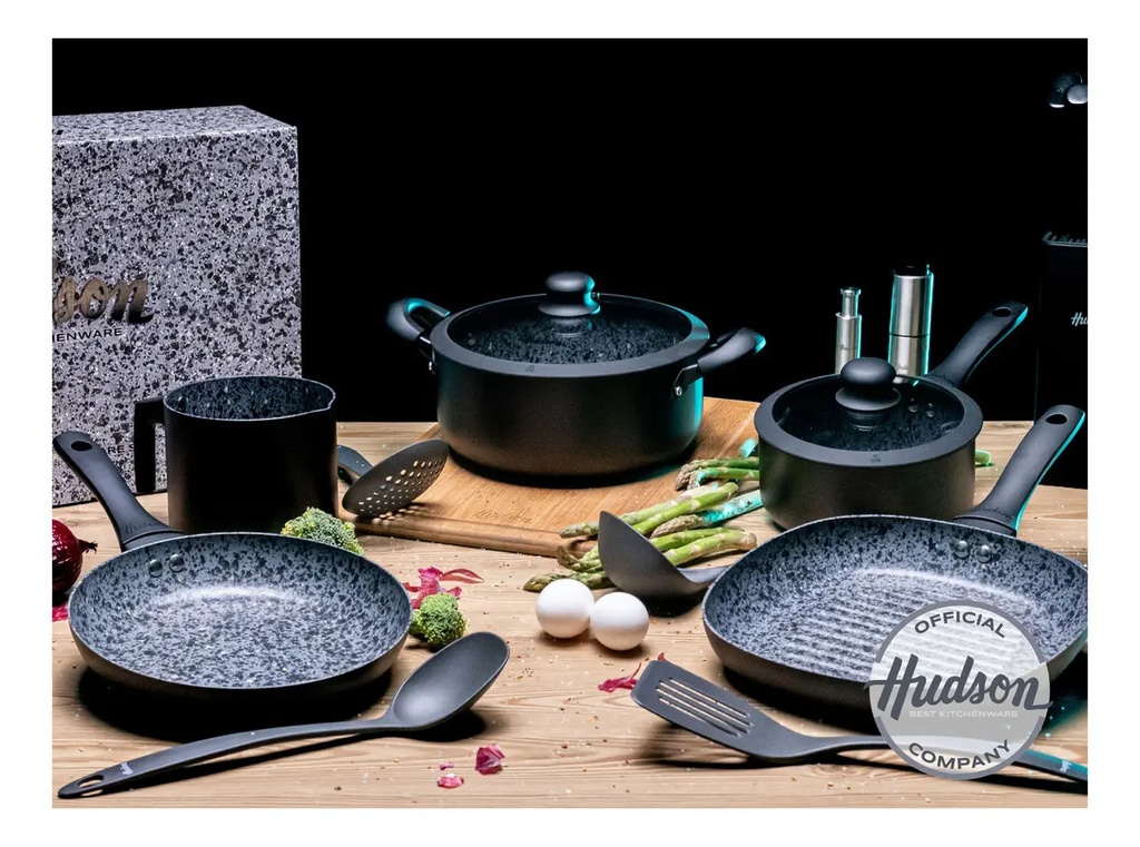 Set Olla Cacerola Sarten Hudson Granito 7 Pzs Antihaderente Granito Negro