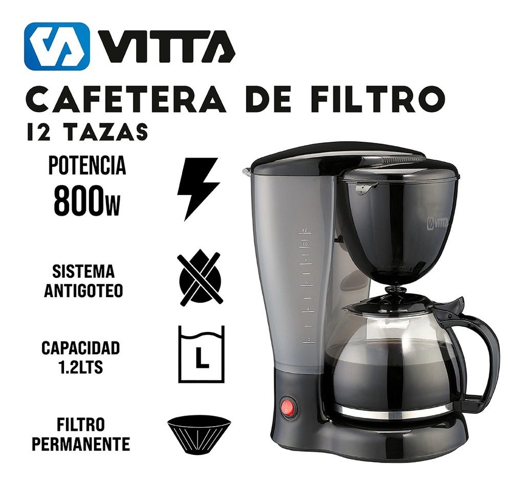 Cafetera De Filtro 12 Tazas 800w Color Negro - Vitta