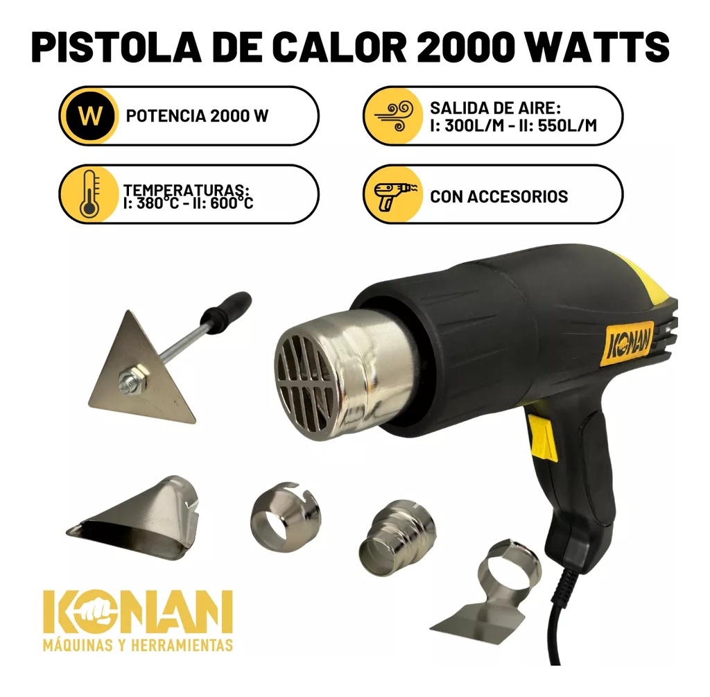 Pistola De Calor 2000w Konan + 5 Accesorios Temp 380°- 600° Negro