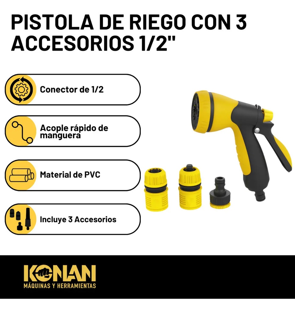 Pistola De Riego Con 3 Accesorios 1/2 Konan 8 Opciones