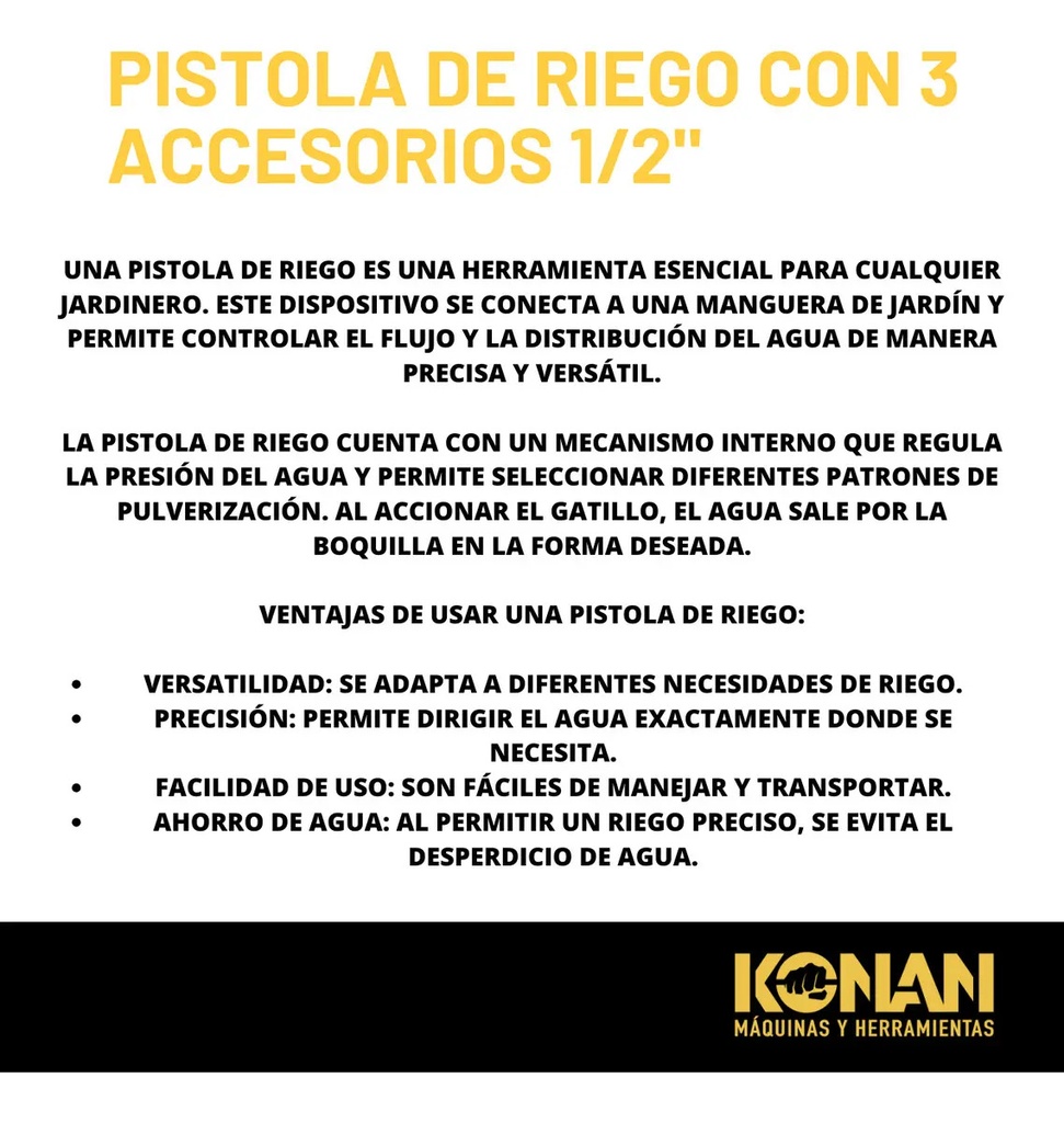 Pistola De Riego Con 3 Accesorios 1/2 Konan 8 Opciones