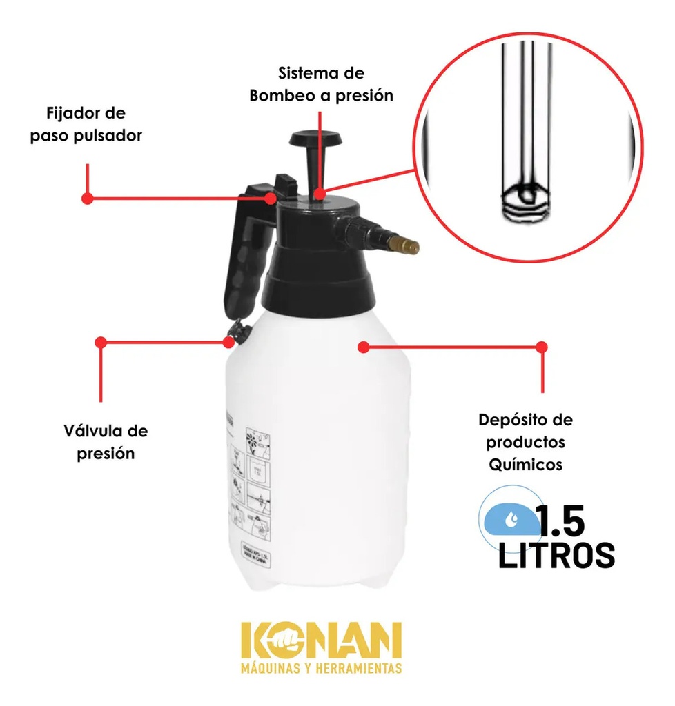 Pulverizador Manual Konan 1.5l Boquilla Ajustable Jardín Limpieza Blanco