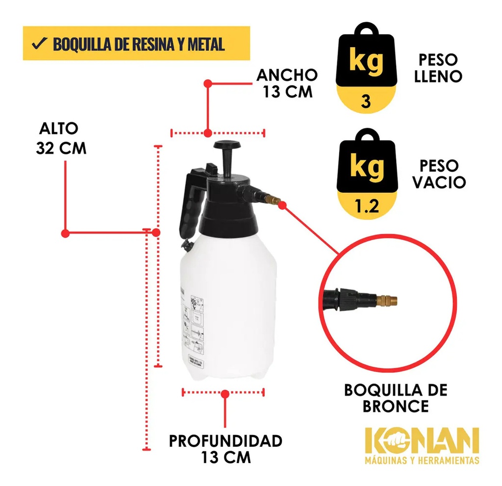 Pulverizador Manual Konan 1.5l Boquilla Ajustable Jardín Limpieza Blanco