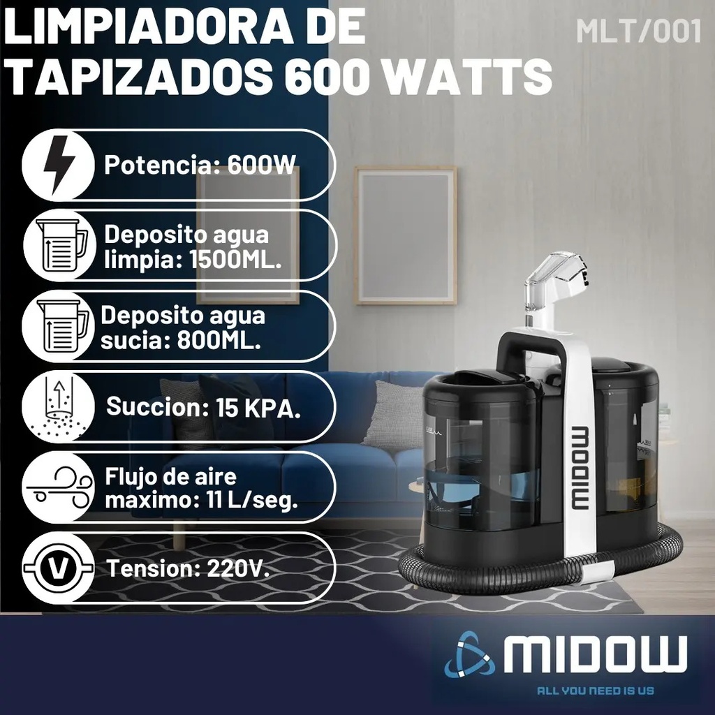 Aspiradora Lava Tapizados Midow 600w Alfombras Manchas Sofa Negro