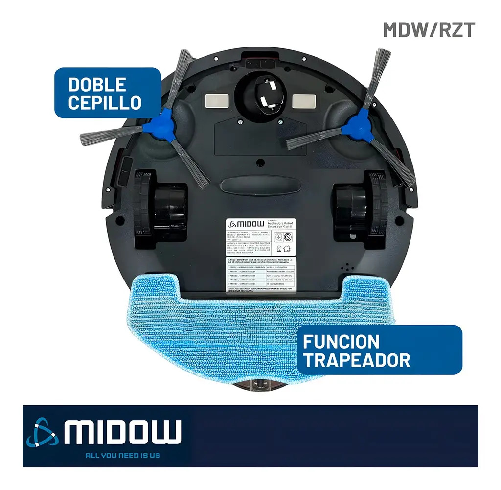 Aspiradora Robot Midow Wifi Smart Trapeador 3 Modos Limpieza Negro