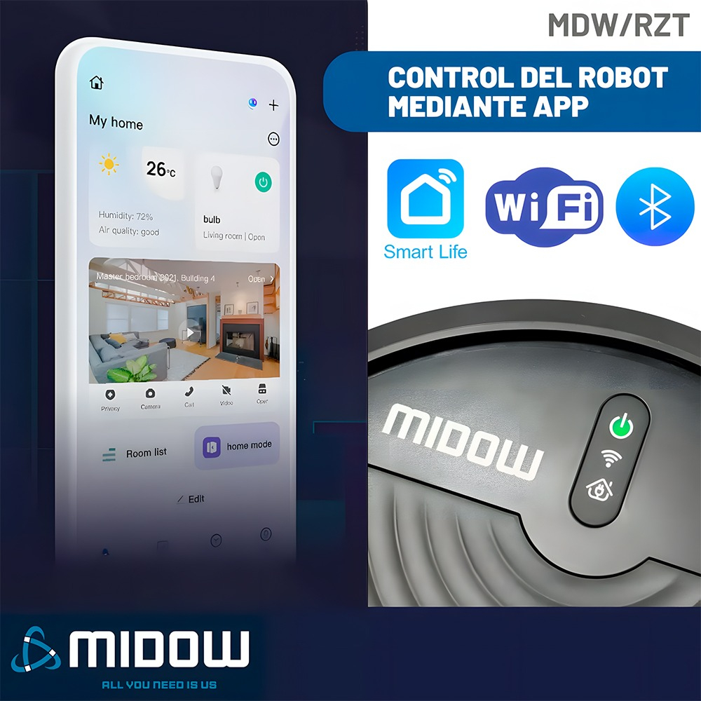 Aspiradora Robot Midow Wifi Smart Trapeador 3 Modos Limpieza Negro