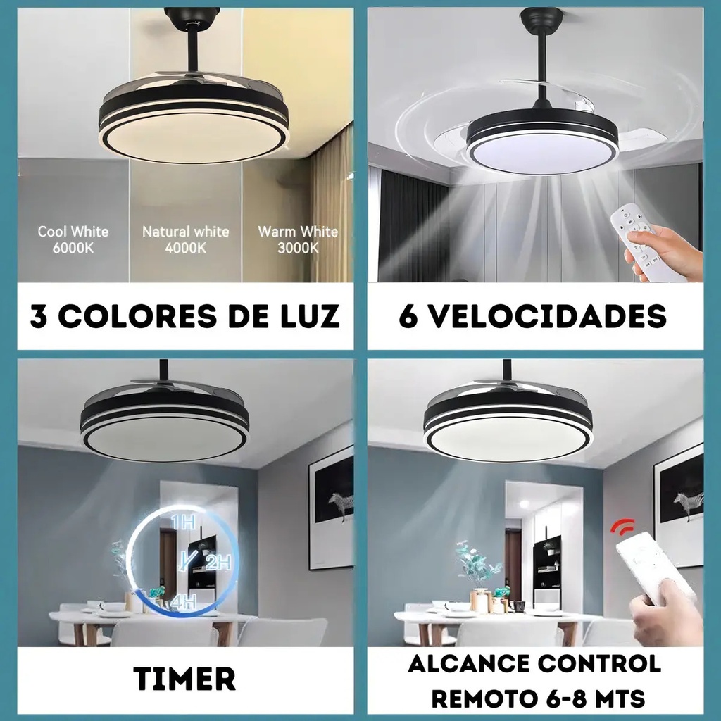 Ventilador De Techo Kanji Retráctil Negro 4 Aspas 6 Velocidades Luz Calida Natural Fria 1.15 M 50 Transparente Plástico