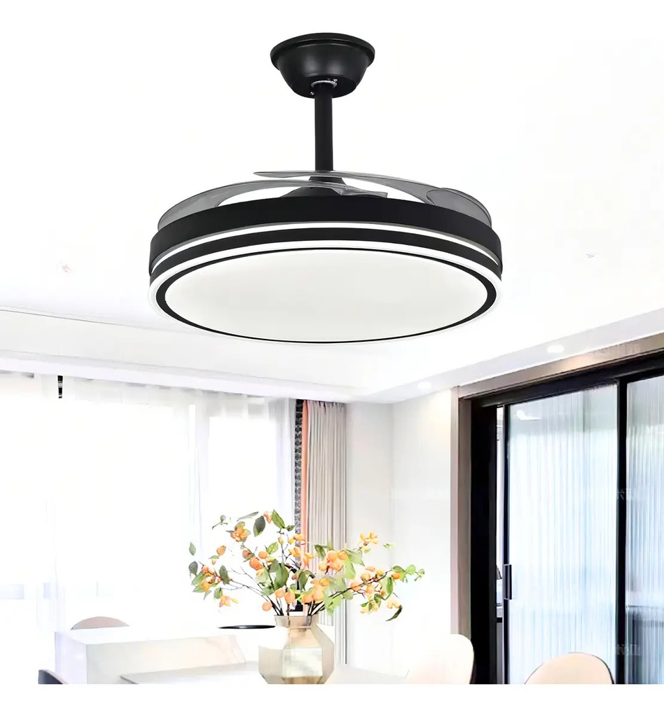 Ventilador De Techo Kanji Retráctil Negro 4 Aspas 6 Velocidades Luz Calida Natural Fria 1.15 M 50 Transparente Plástico