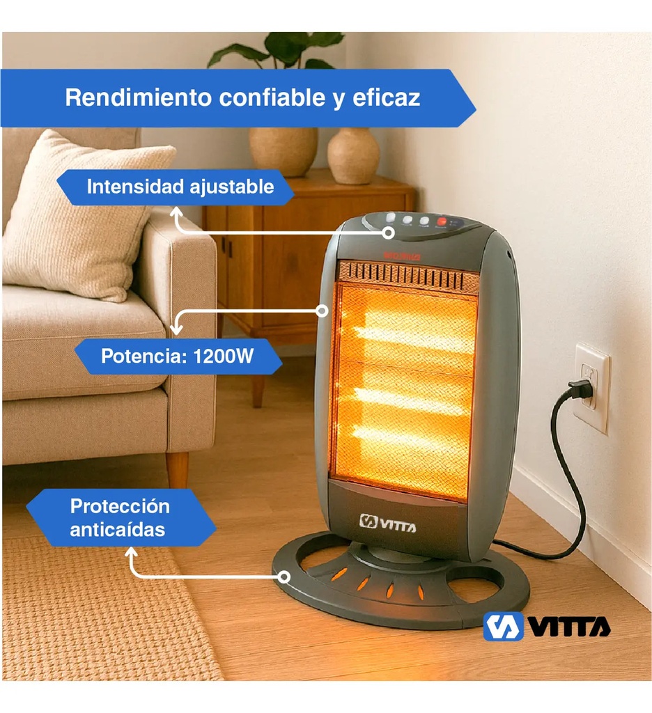 Estufa Halogena Cuarzo Vitta 1200w 4 Velas Giratoria Vit-405 Gris