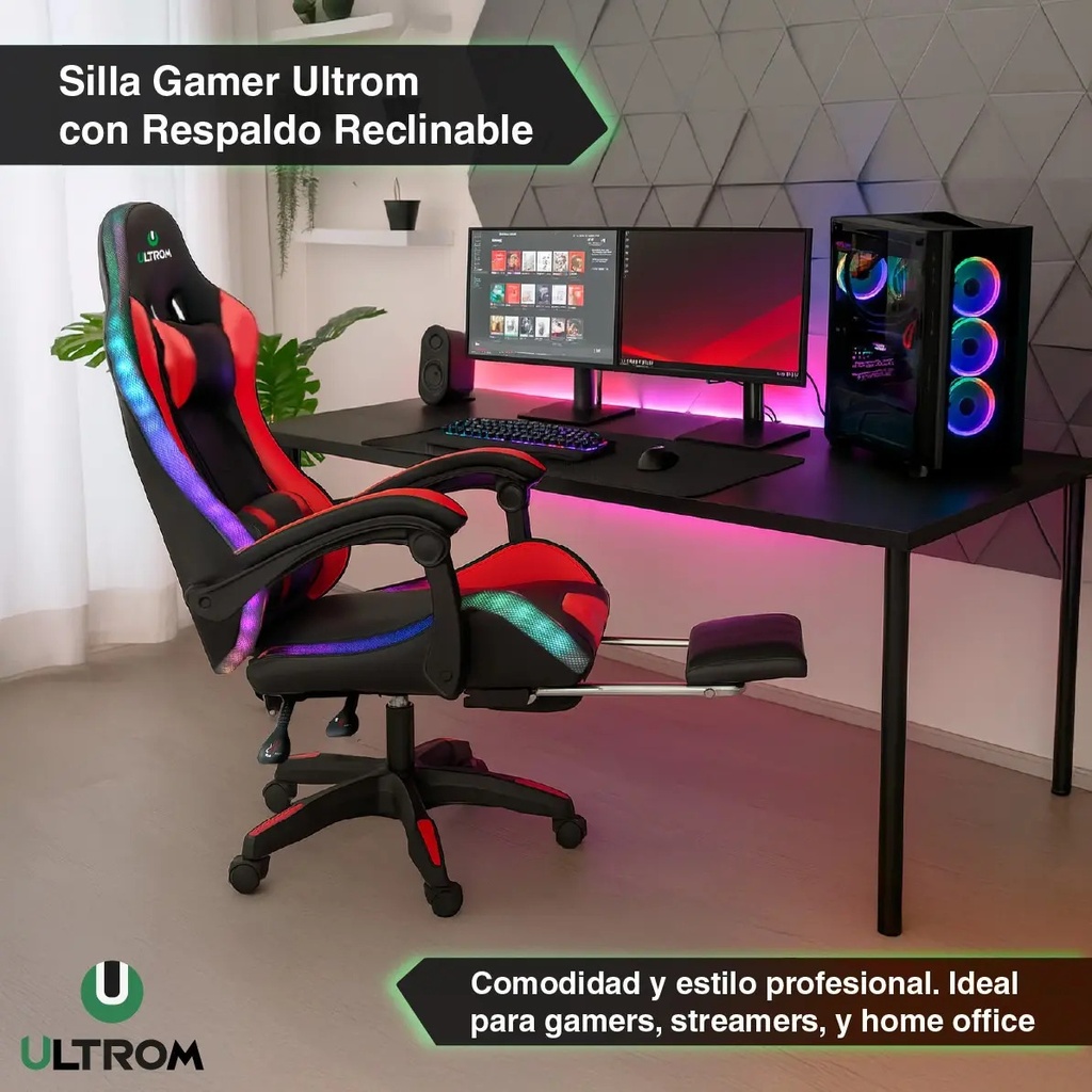 Silla Gamer Luz Rgb Ultrom Respaldo Reclinable Ergonomica