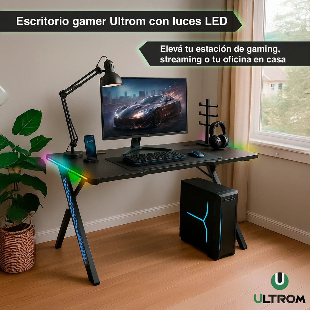 Escritorio Gamer Con Rgb Ultrom Fibra De Carbono Gt-2309 Negro