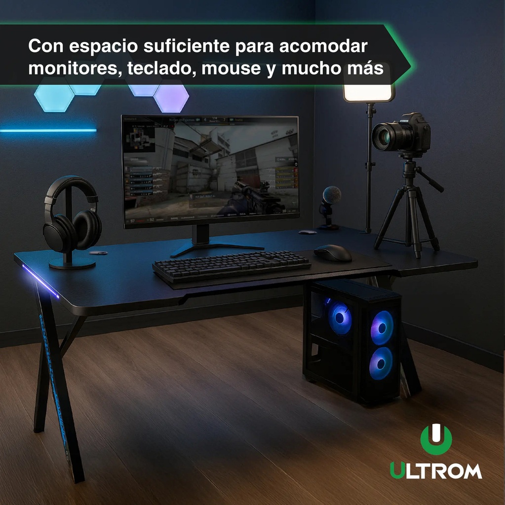 Escritorio Gamer Con Rgb Ultrom Fibra De Carbono Gt-2309 Negro