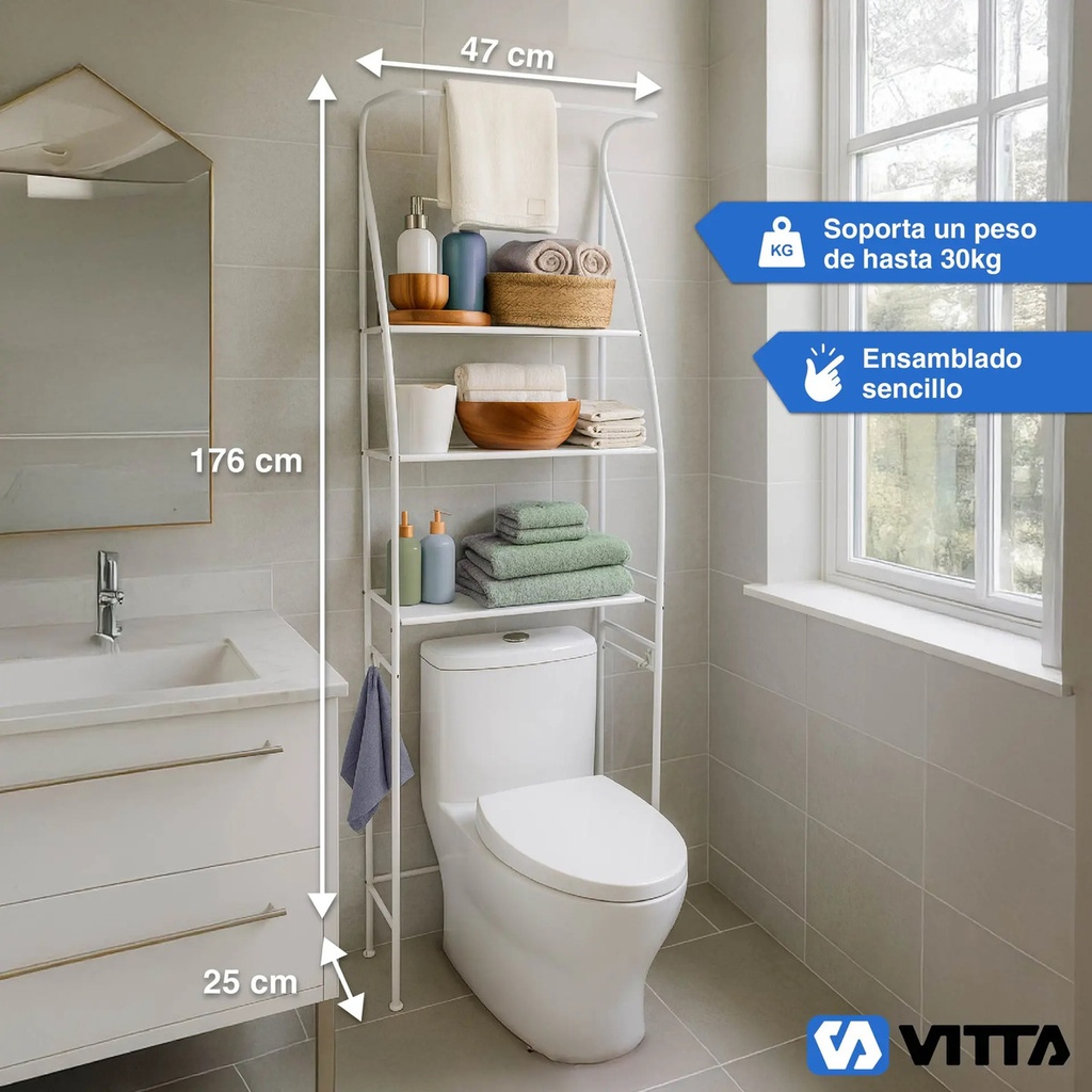 Mueble Organizador De Baño Vitta Inodoro 3 Estantes Bastidor Blanco