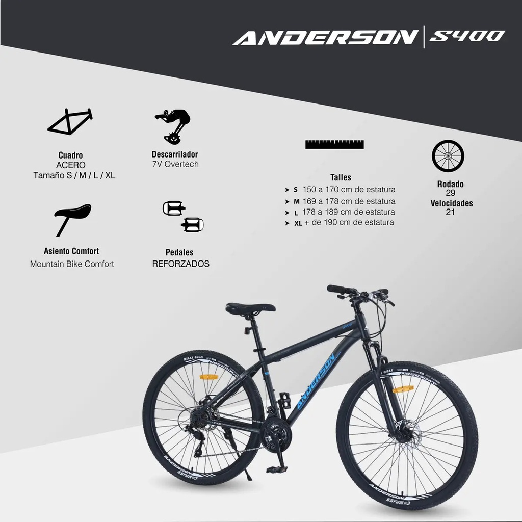 Bicicleta Mtb Anderson S400 R29, 21v Freno A Disco, Con Suspensión, Color Negro/verde/blanco Tamaño Del Cuadro S
