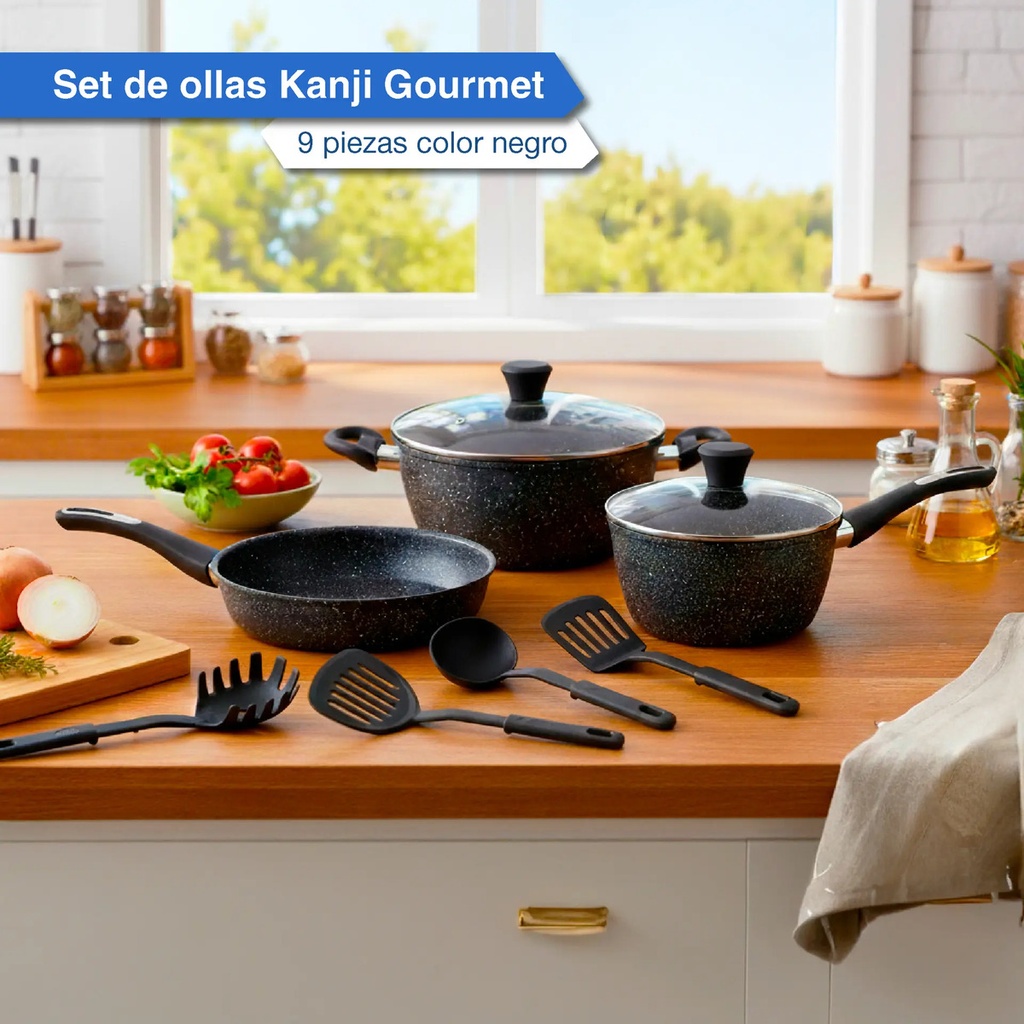 Baterias De Cocina Kanji Gourmet 9 Piezas Antiadherente Mármol Negro
