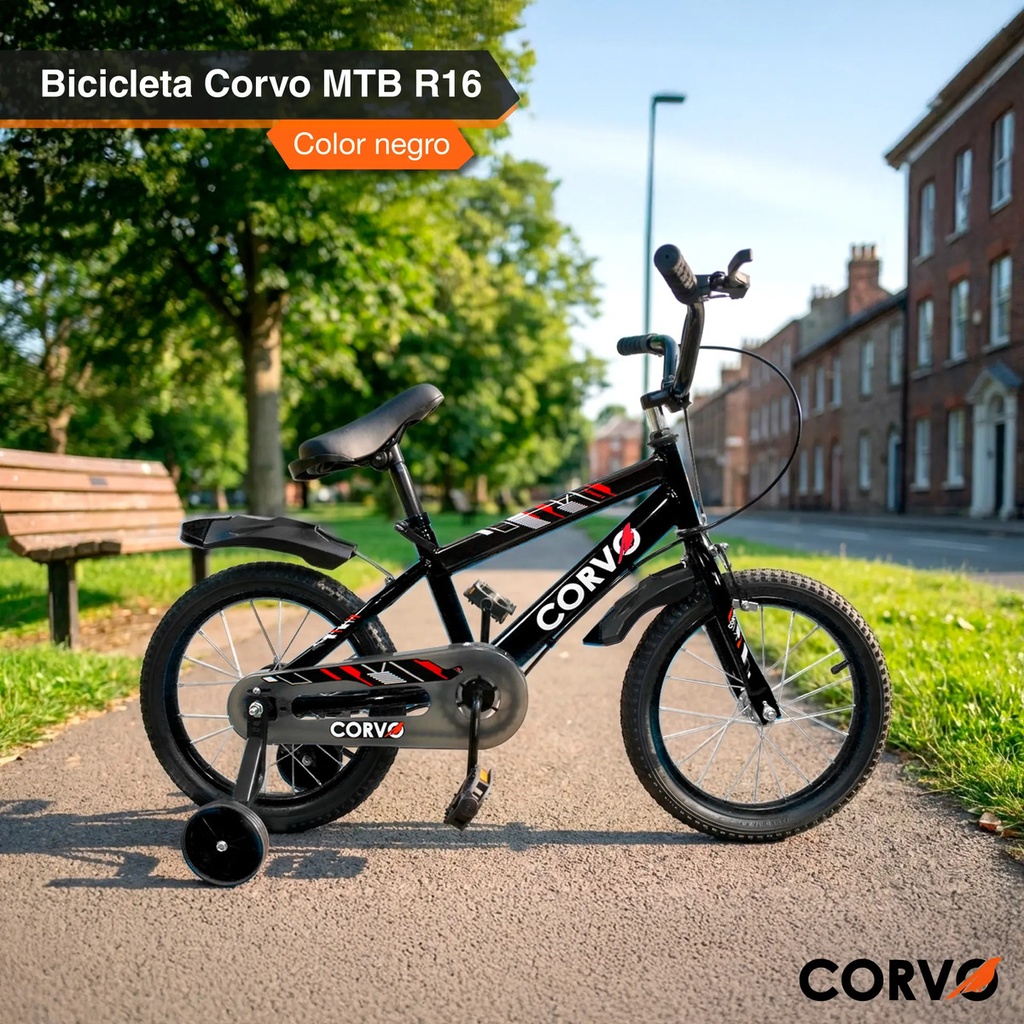 Bicicleta Infantil Corvo Rodado 16 Rueditas Acero Negro 16  