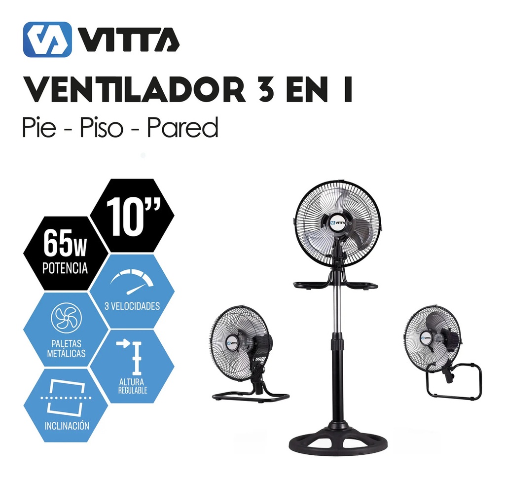 Ventilador 3 En 1 10 Pulgadas Vitta 65w 3 Palas Metalicas   25 Cm 50hz Negro Metal 3