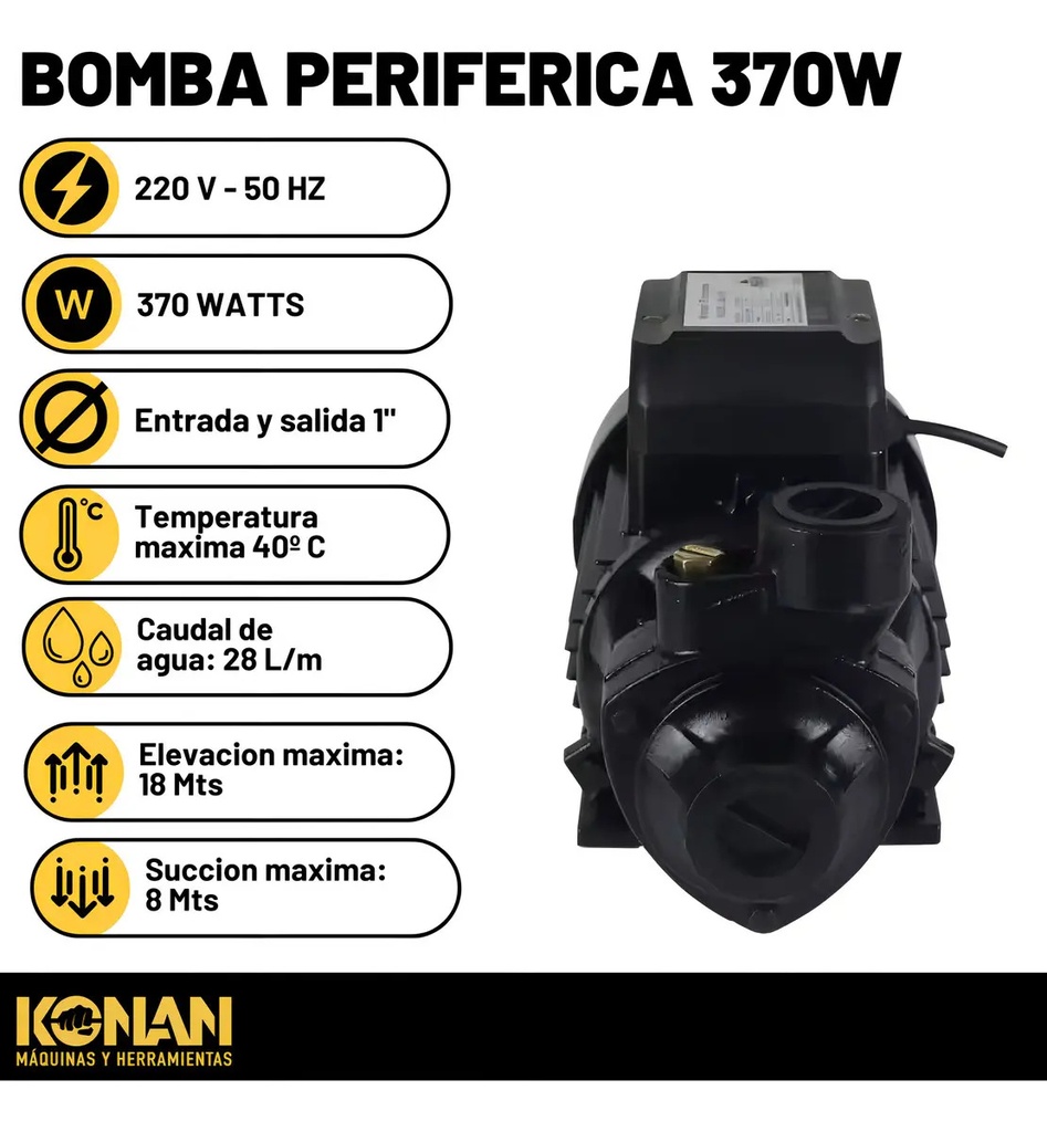 Bomba Periferica Konan 1/2hp Altura 28mts Caudal 28 L/min Negro 50 Hz Monofásica