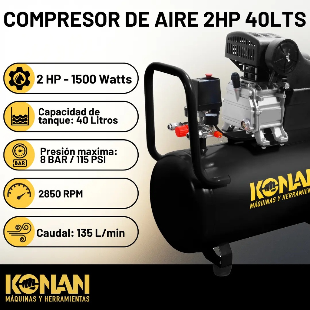 Compresor De Aire Con Kit Konan 40 Lts 2hp 8 Bar 135 L/min Doble Salida Manometro Monofasico Negro 50 Hz Monofásica