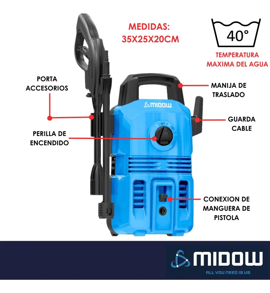 Hidrolavadora Midow 1300w 105 Bar Caudal 360 L/h Accesorios Celeste 50hz