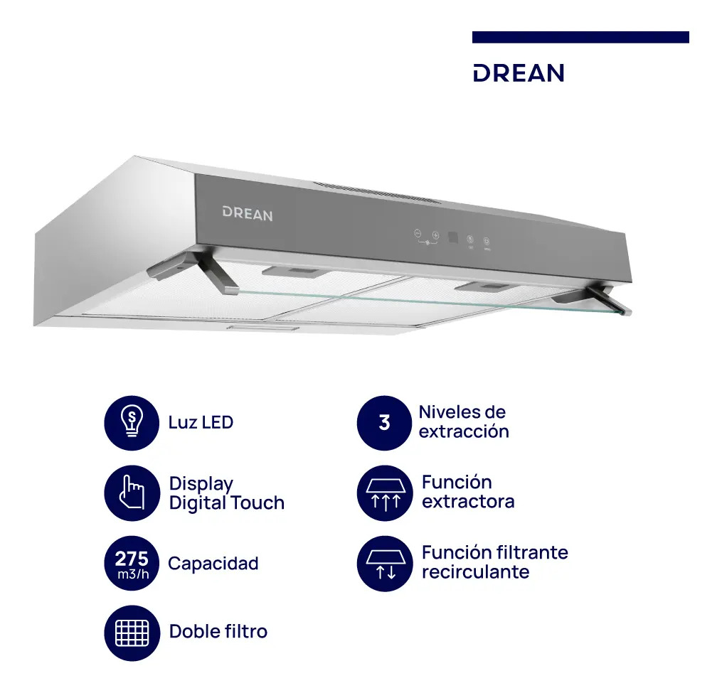 Purificador Extractor De 60 Cm Inoxidable Drean Cudr604ia Gris