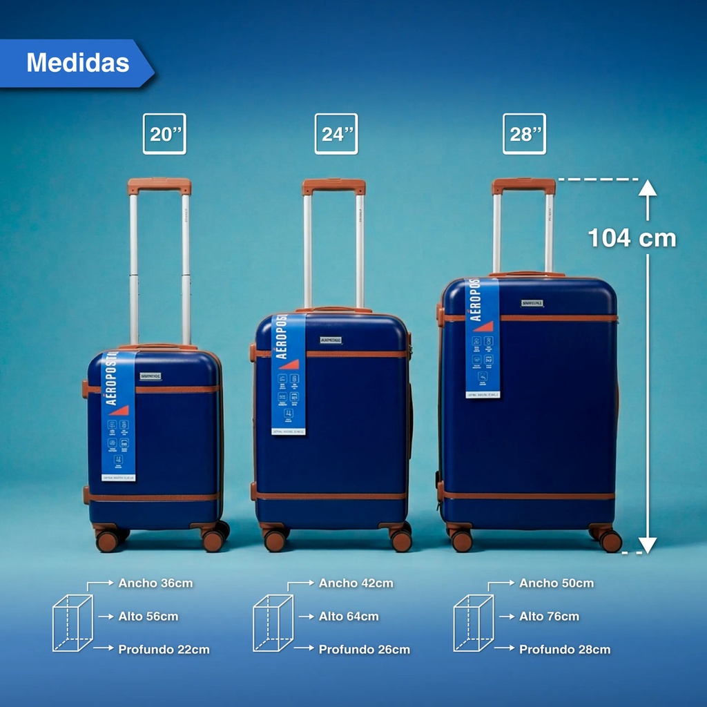 Set 3 Valijas Aeropostales 20 24 28 Rig Rue 360 C/ Azul Y Ma Azul Lisa