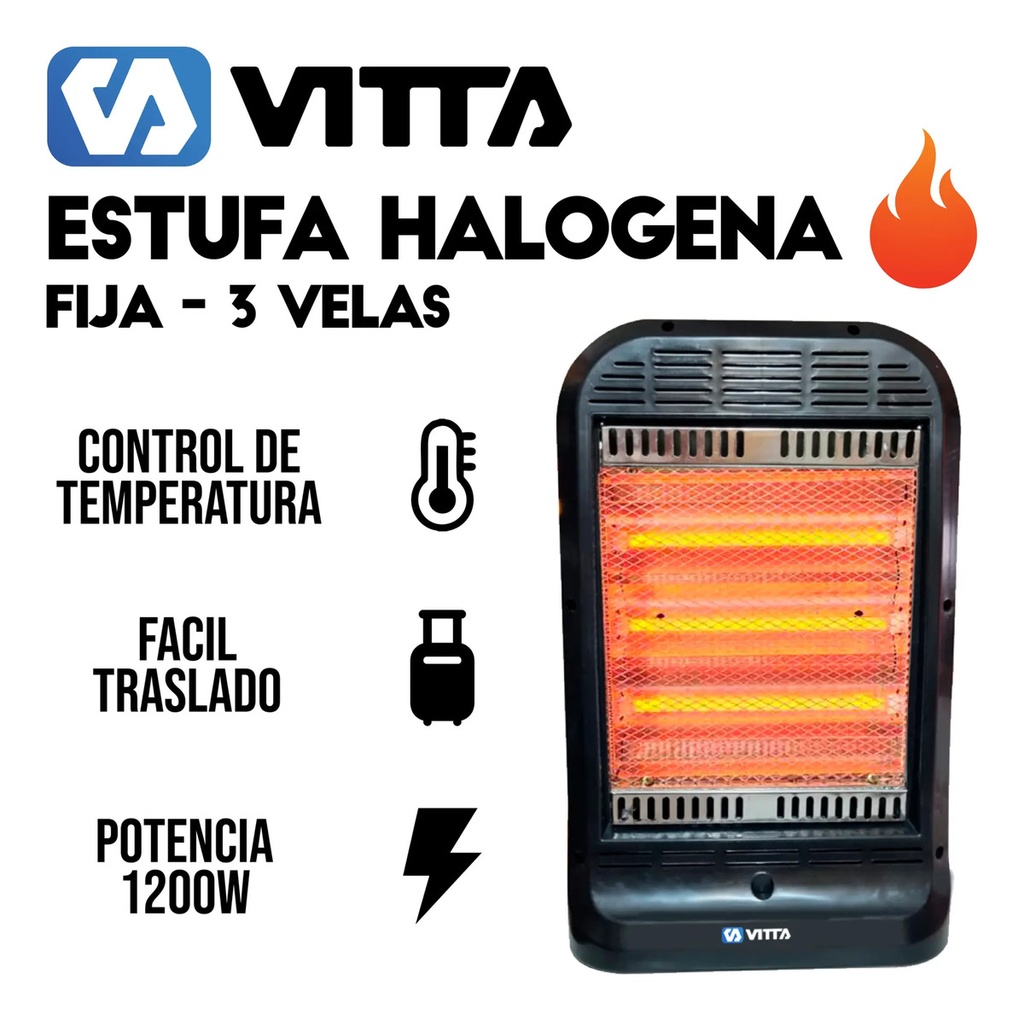 Estufa Infrarroja Vitta Halogena 3 Velas Fija 1200w - V-523 Negro