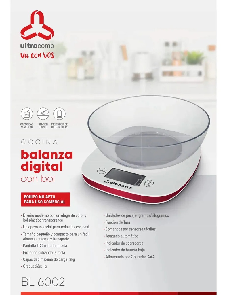 Balanza De Cocina Marca Ultracomb Modelo Bl-6002 Capacidad Máxima 3 Kg Color Blanco/rojo