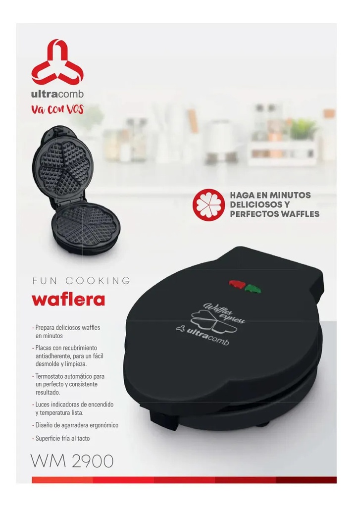 Wafflera Ultracomb Wm-2900 850w Antiadherente Termostato Automático Superficie Fría Al Tacto Negro