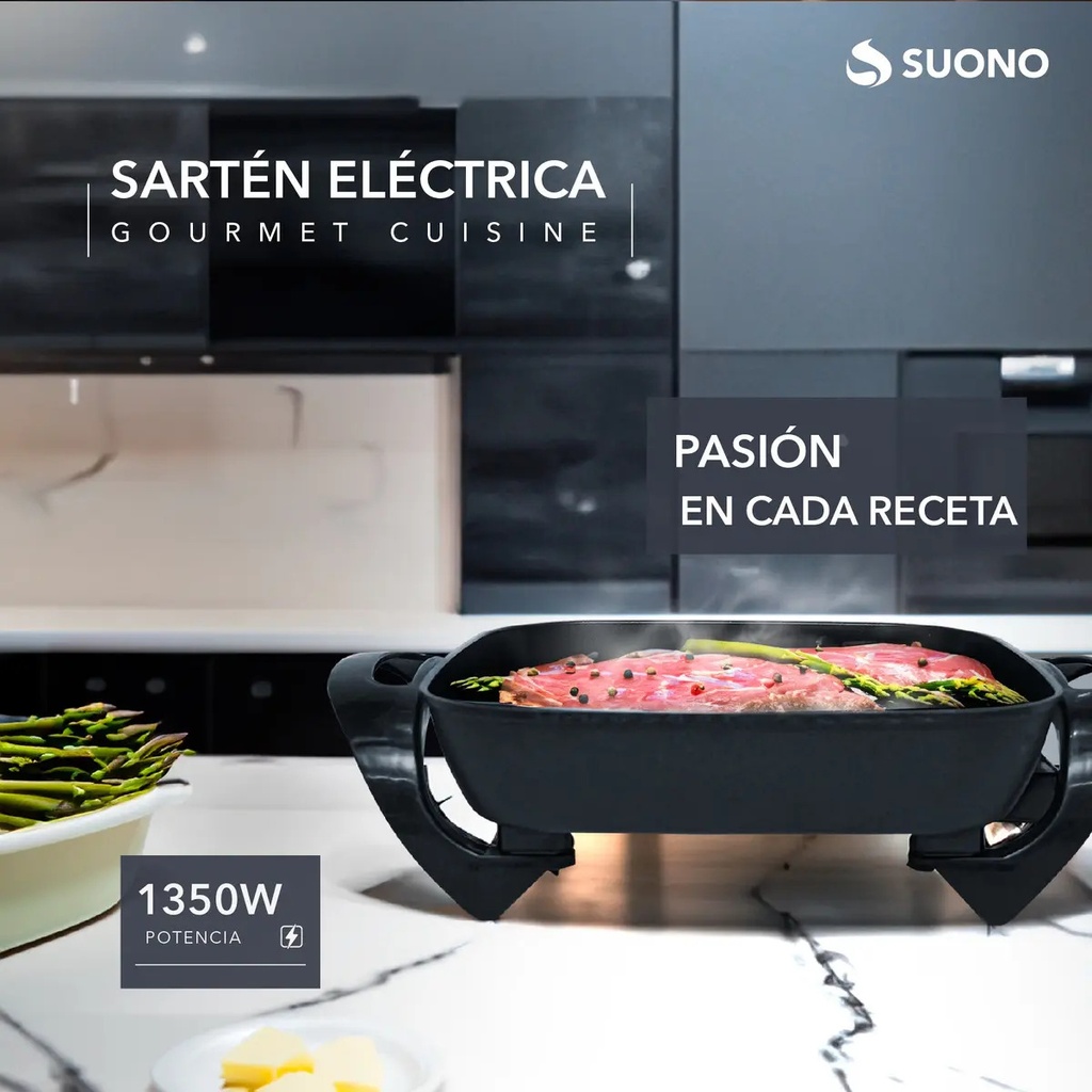 Sartén Olla Eléctrica Antiadherente Suono 1350 W Tapa Vidrio Color Negro 50 Hz 60 Hz